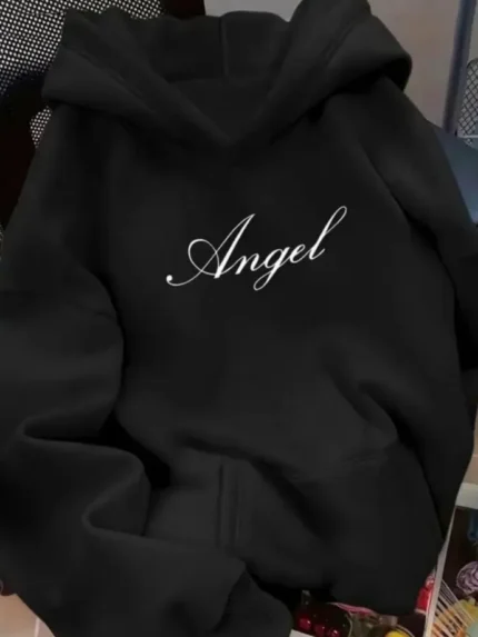 هودی آنجل مشکی با طرح نوشته "angel"، مناسب برای تمامی استایلها و راحتی در پوشش.
