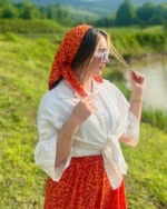 ست مینی اسکارف گل گلی با شومیز پایین گره ای