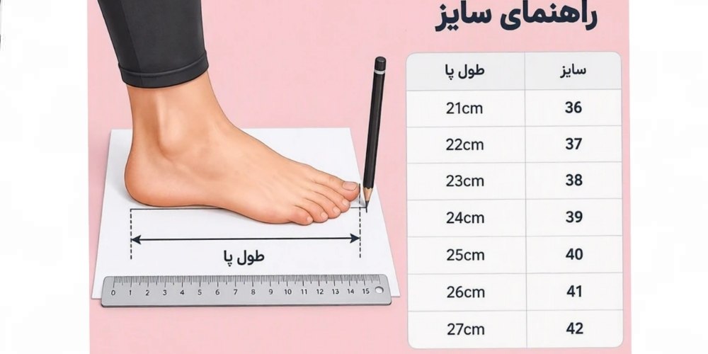 جدول  راهنما سایز برا راحتی انتخاب سایز  کفش و صندل طراحی شده.